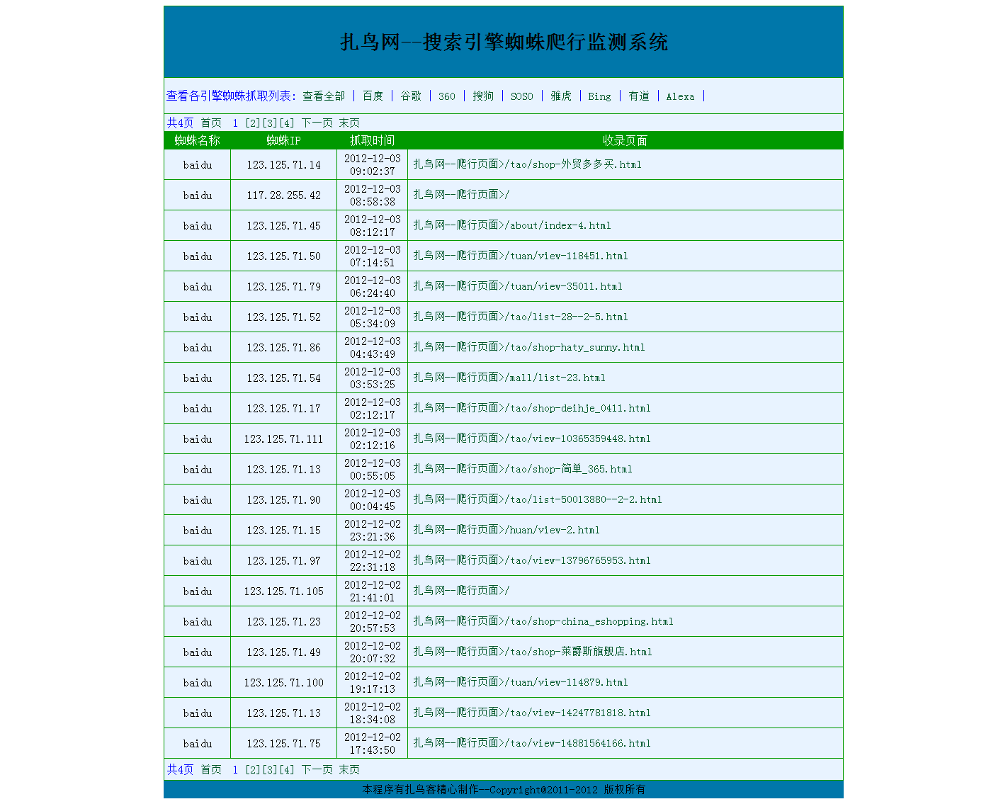 扎鸟搜索引擎蜘蛛爬行统计系统V