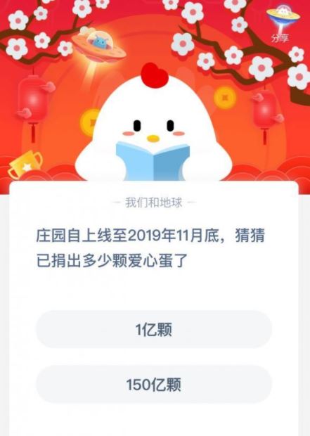 支付宝蚂蚁庄园自上线至2019年11月底 已捐出多少颗爱心鸡蛋