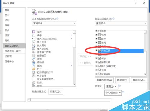 Word2016怎么把开发工具选项卡添加到到界面上并显示出来?