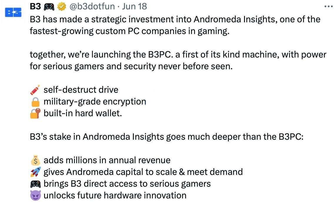 链游平台B3收购电脑新创公司Andromeda Insights！将推出加密货币游戏主机B3PC