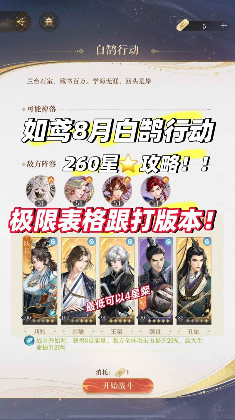 如鸢8月白鹄行动配队建议-怎么打满260星