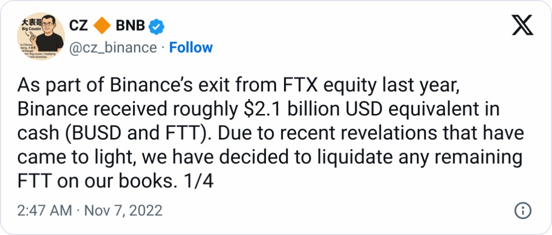 币安（Binance）创始人赵长鹏寻求驳回18亿美元FTX诉讼