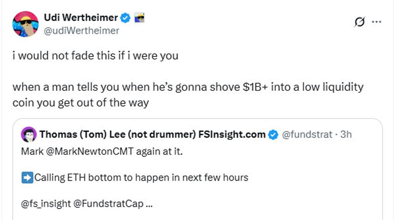 Tom Lee预测以太坊将在"未来几小时内"触底，BitMine逢低买入4871枚ETH