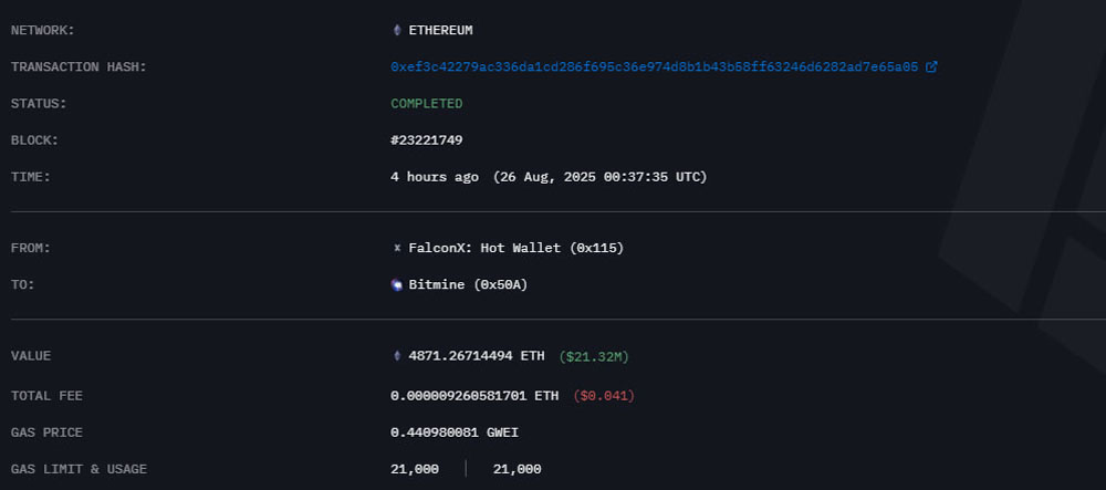 Tom Lee预测以太坊将在"未来几小时内"触底，BitMine逢低买入4871枚ETH